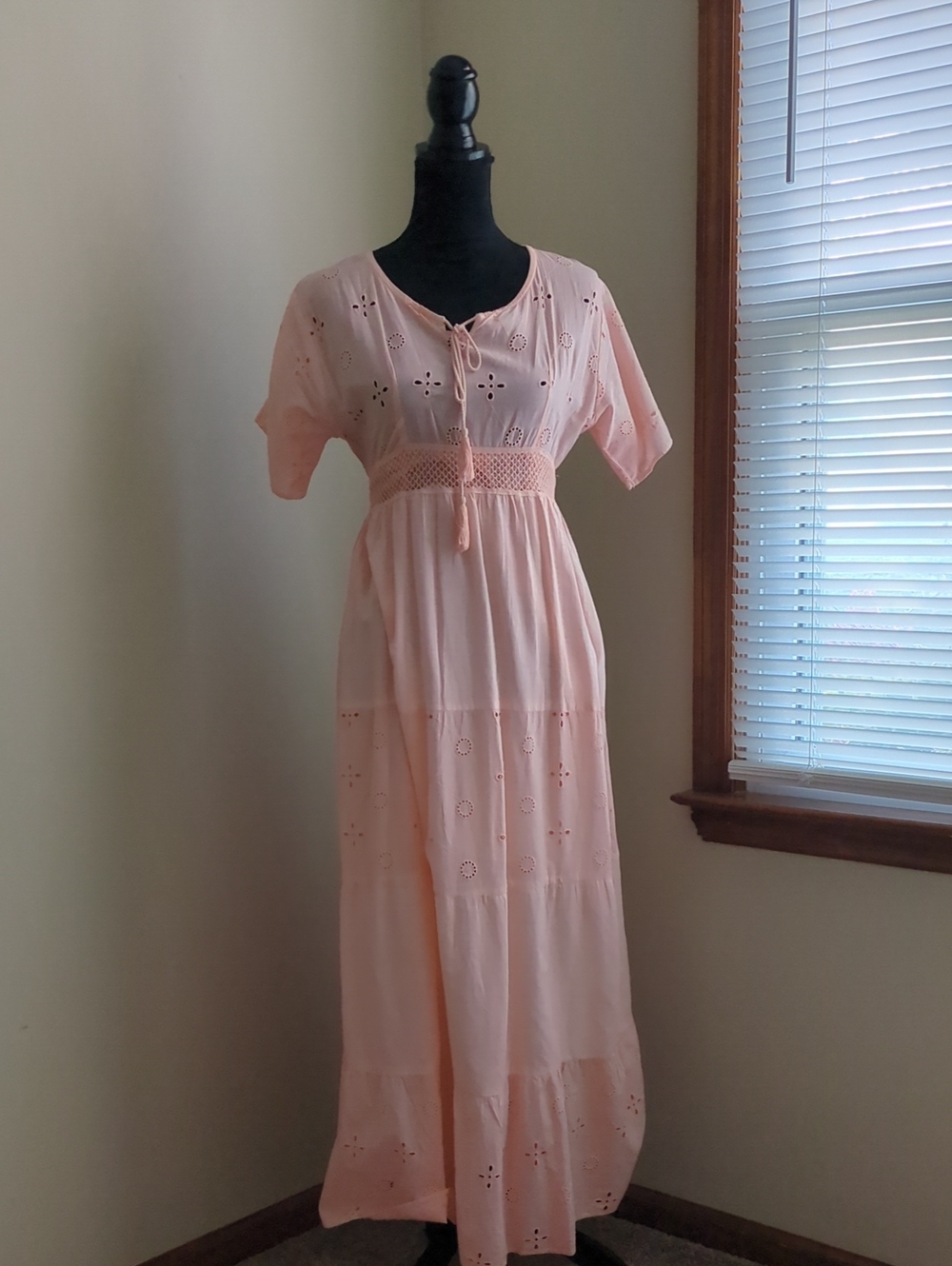Moda Blush Pink Eyelet Maxi Dress with Tie Waist